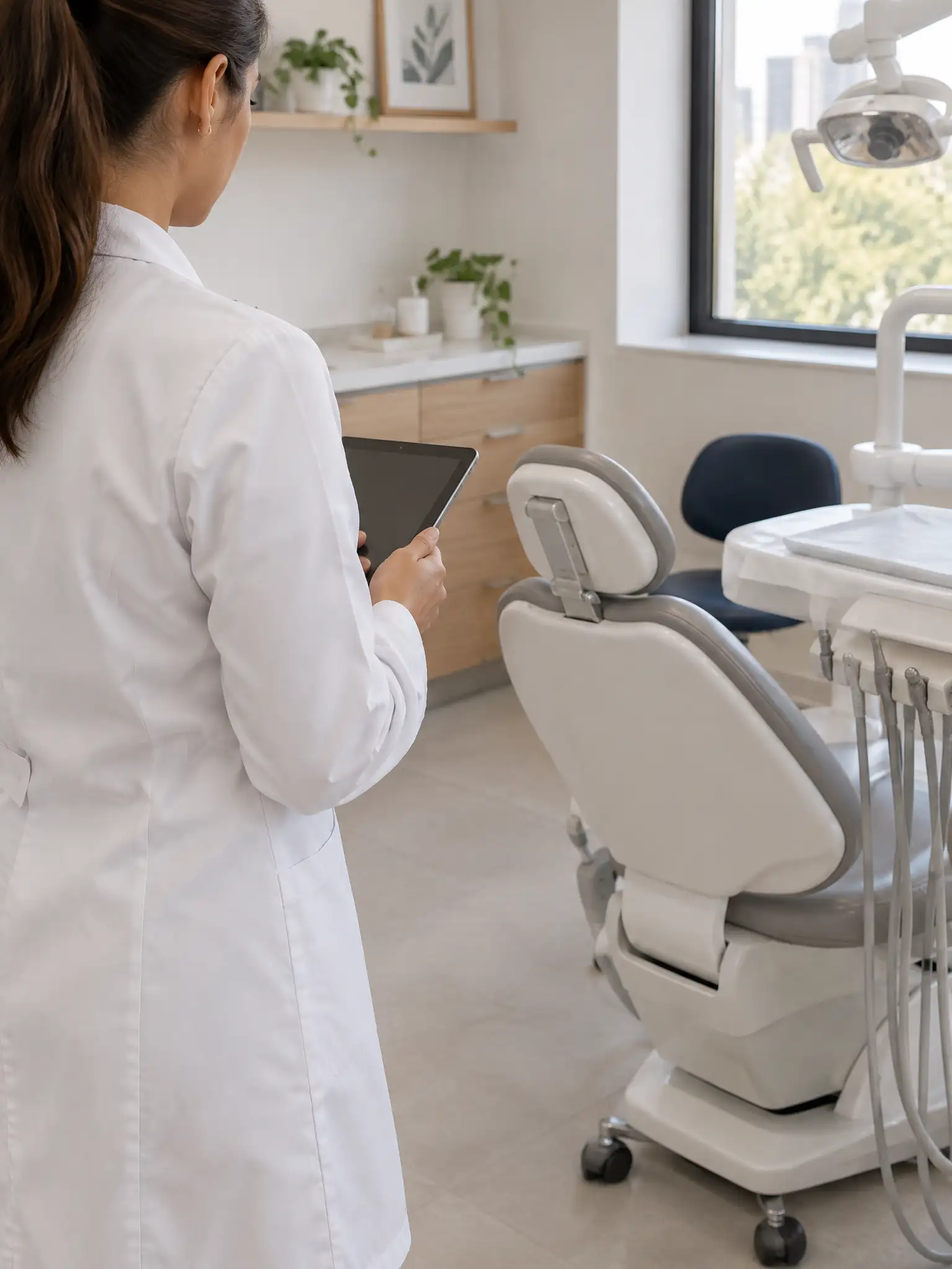 Dentista de jaleco consultando o tablet ao lado da cadeira odontológica vazia.