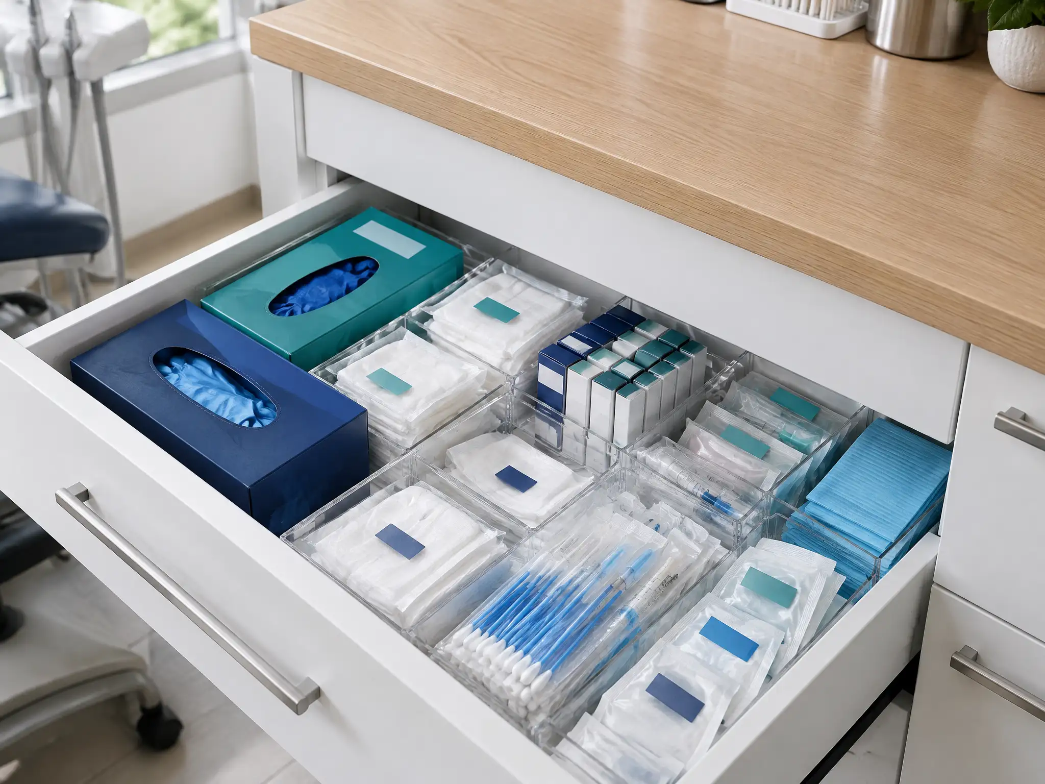 Gaveta de materiais do consultório aberta, com luvas, gazes e tubetes organizados em divisórias.