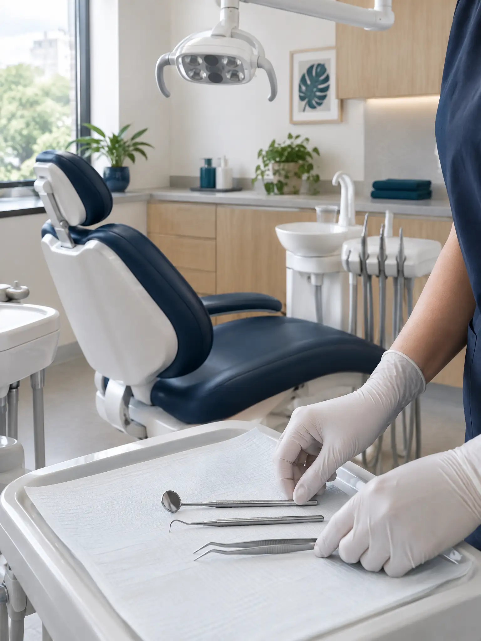 Mãos de luva colocando espelho, sonda e pinça sobre a bandeja coberta, ao lado da cadeira odontológica vazia.