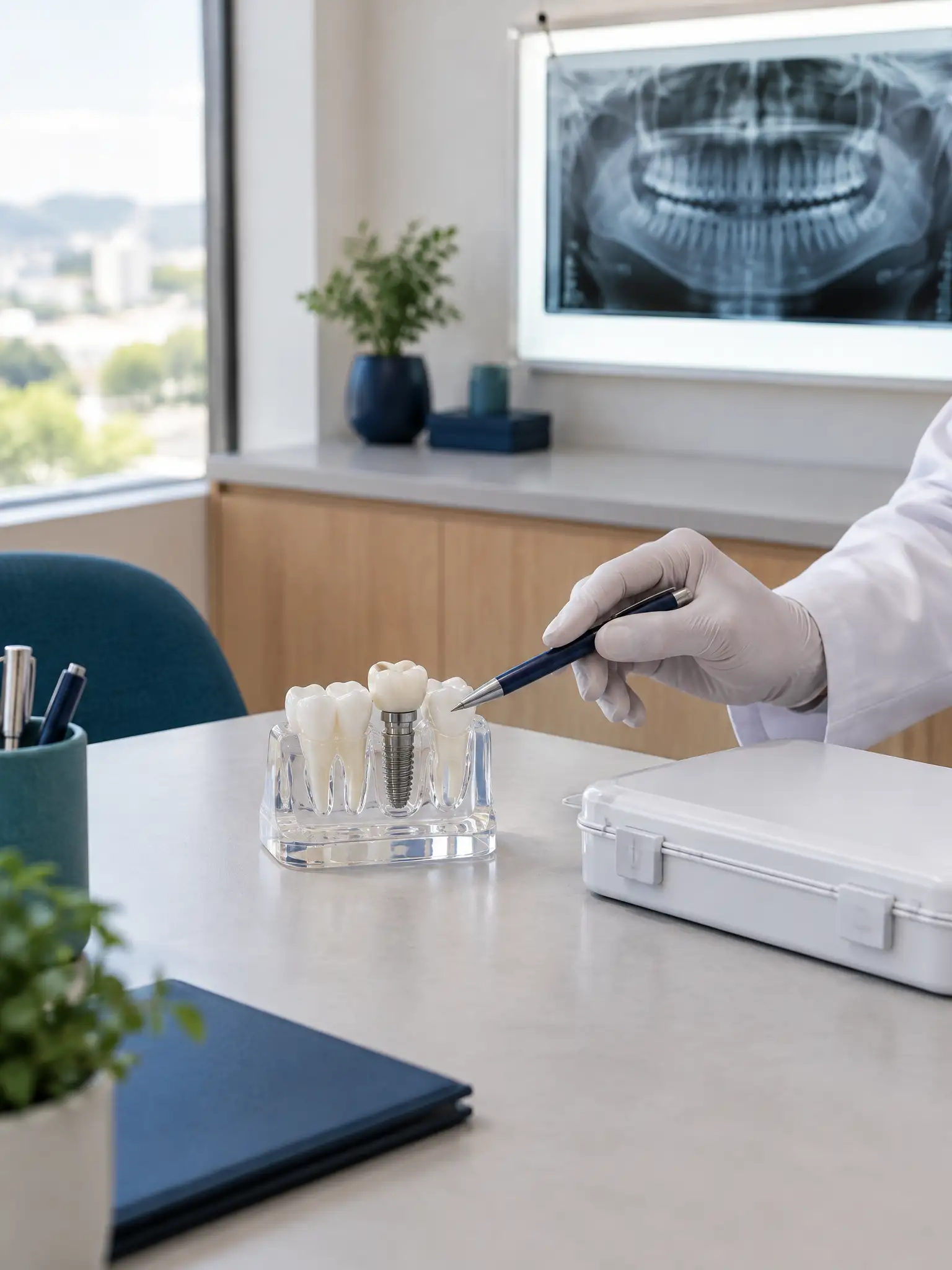 Modelo didático de acrílico com implante dentário sobre a mesa, apontado com caneta pelo dentista, com radiografia panorâmica desfocada ao fundo.