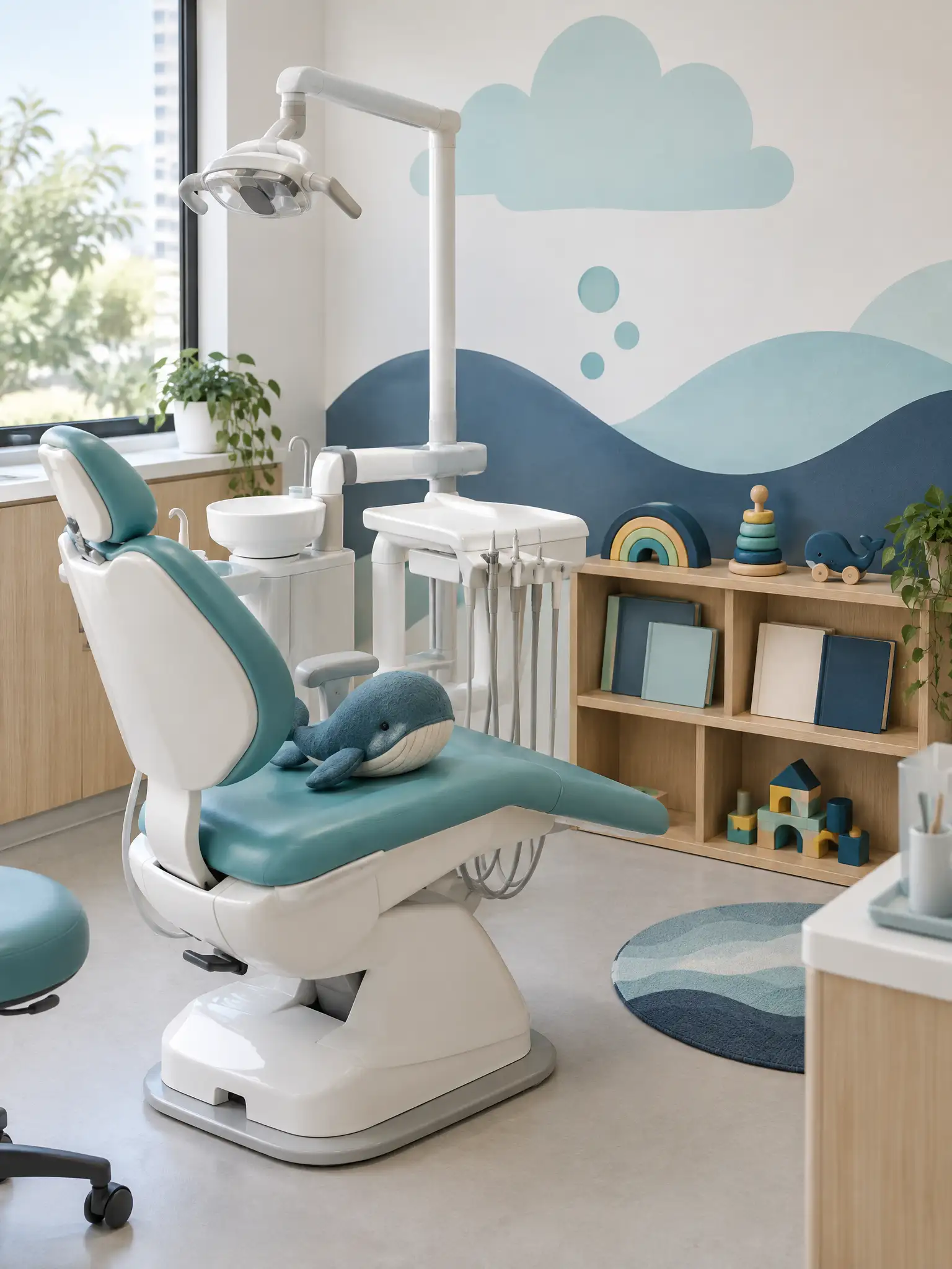 Consultório infantil vazio, com cadeira odontológica turquesa, baleia de pelúcia, brinquedos de madeira e parede pintada com nuvens e ondas.