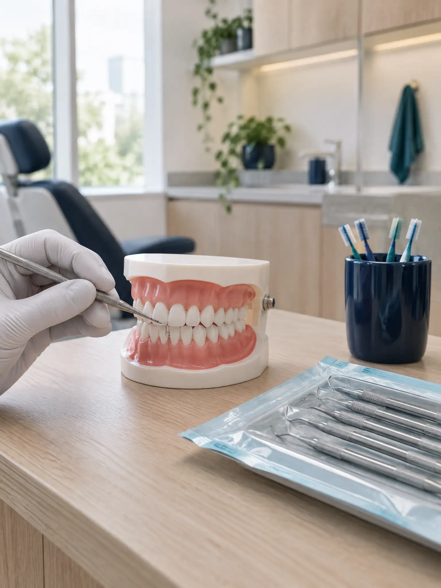 Modelo didático com gengiva artificial e sonda periodontal, ao lado de curetas em envelope de esterilização e escovas interdentais.