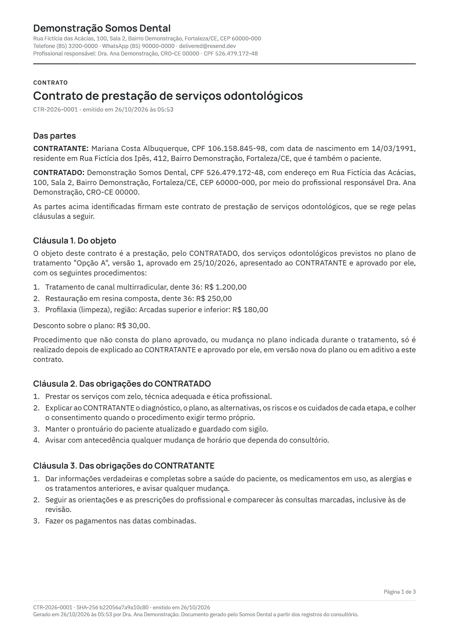 Contrato de prestação de serviços em PDF, preenchido com o plano aprovado e as parcelas. Dados fictícios.