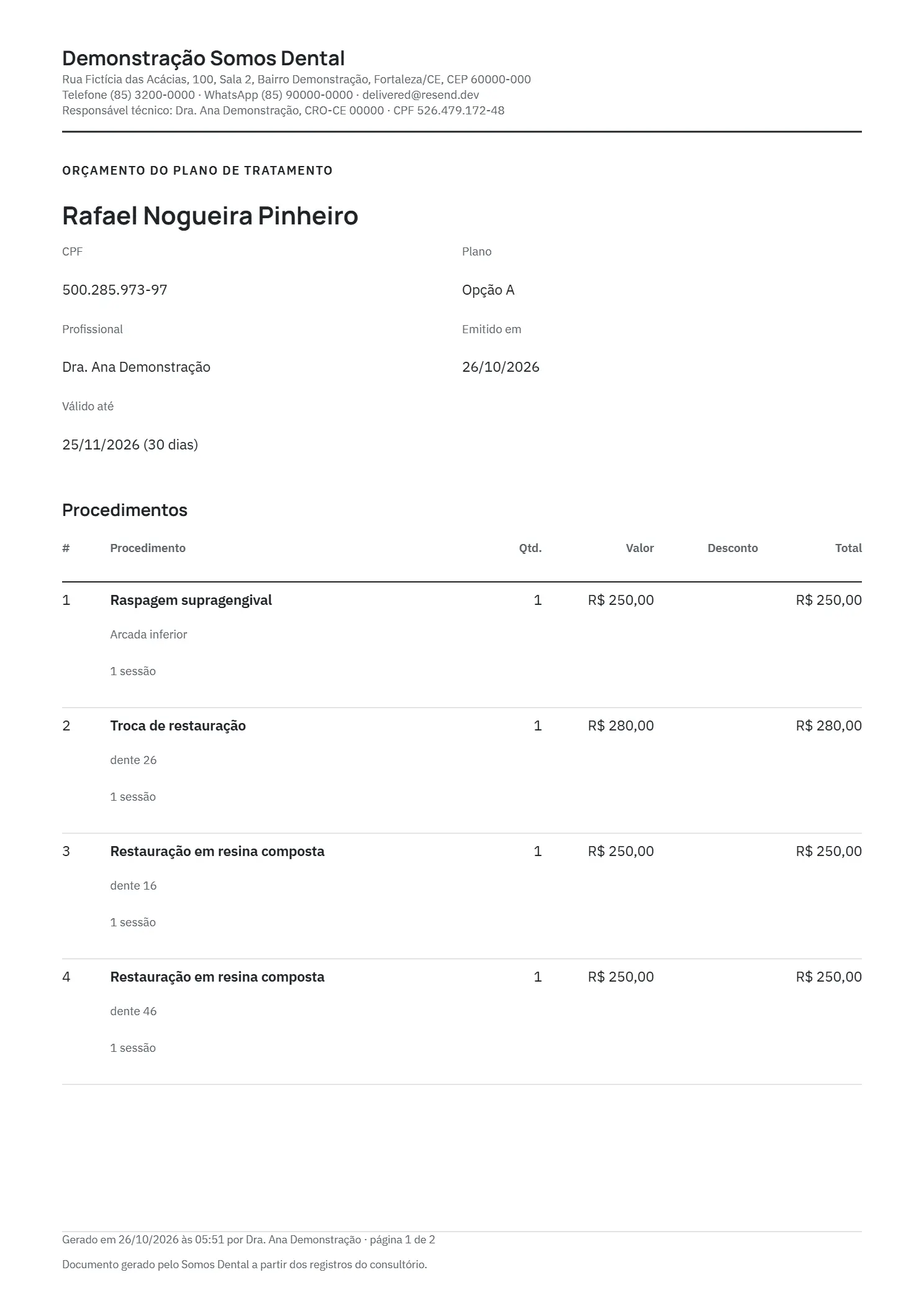 Orçamento em PDF do plano apresentado, com os procedimentos, o dente ou a região, as sessões, os valores e a validade. Dados fictícios.