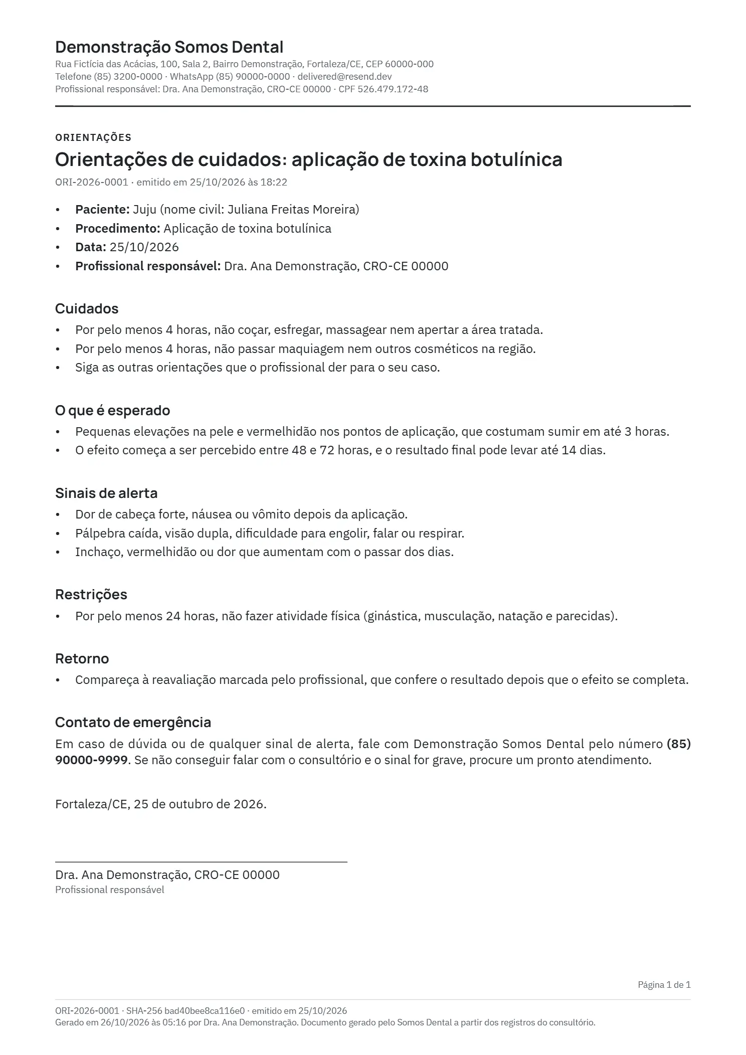 Orientações de cuidados depois da aplicação de toxina botulínica, em PDF com o timbre do consultório. Dados fictícios.