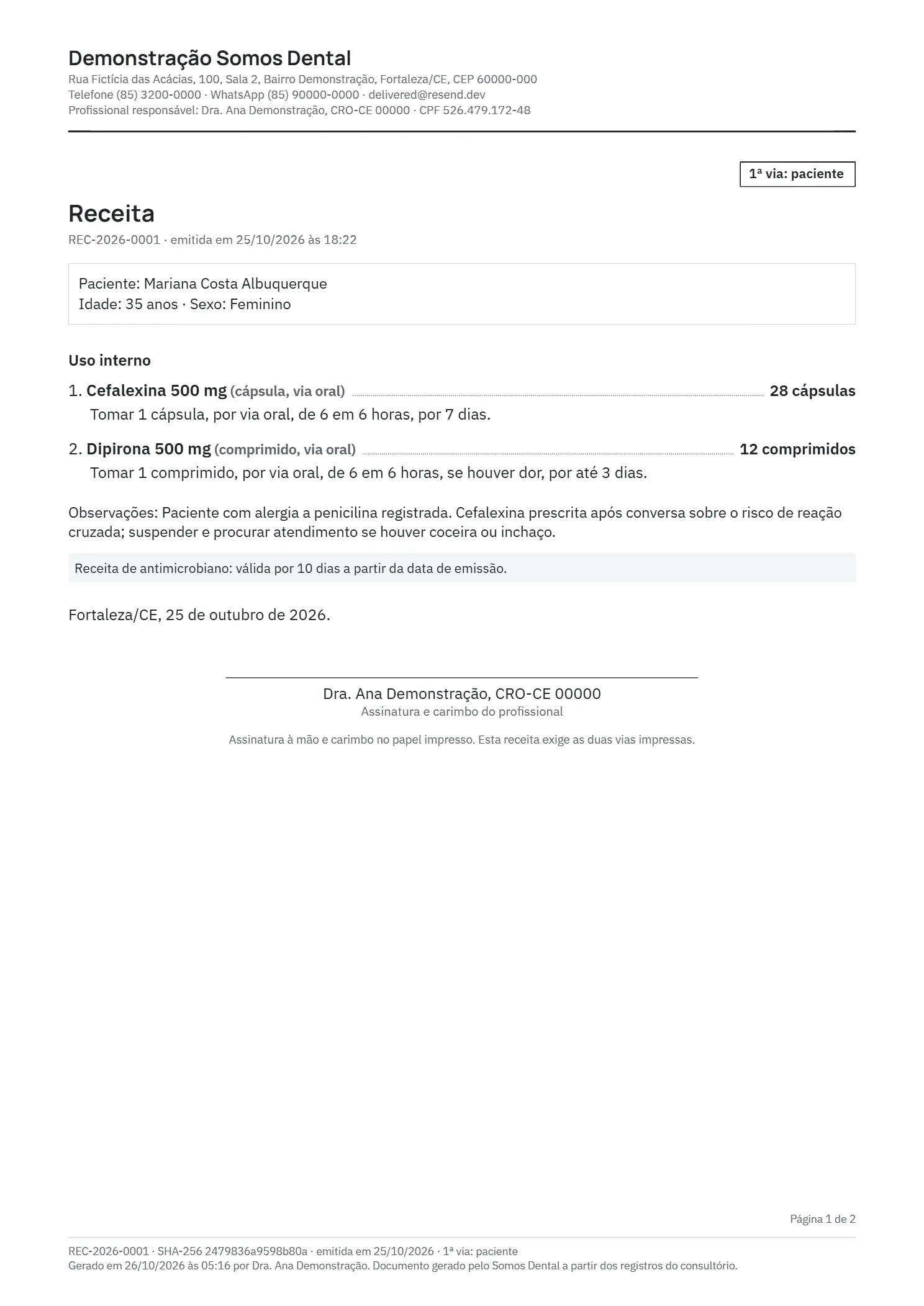 Receita em PDF com o papel timbrado do consultório, a primeira via do paciente e a observação de que a paciente tem alergia a penicilina e que a prescrição foi conferida. Dados fictícios.