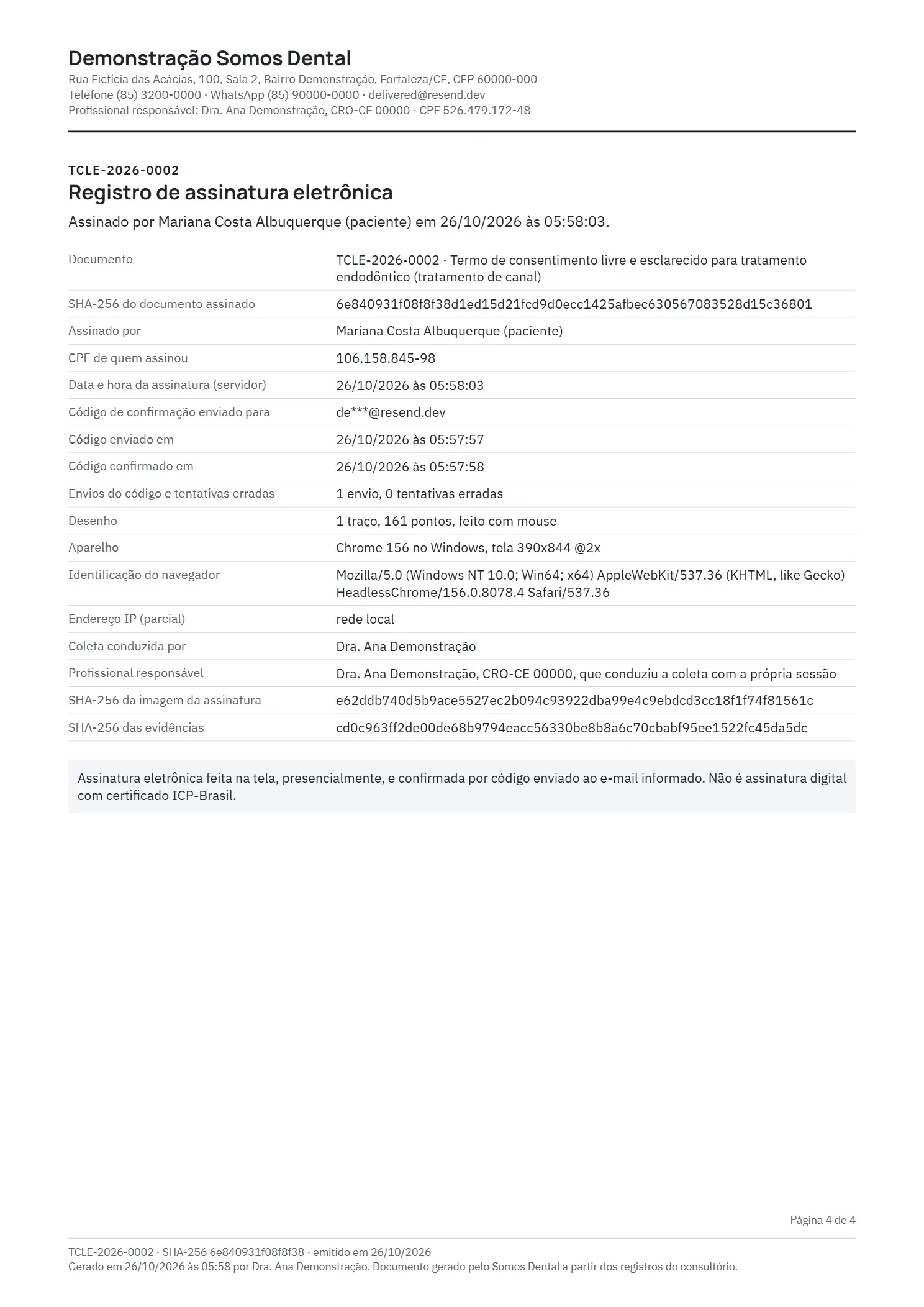 Página Registro de assinatura eletrônica do termo assinado: código de integridade do documento, quem assinou e os horários do envio do código e da assinatura. Dados fictícios.