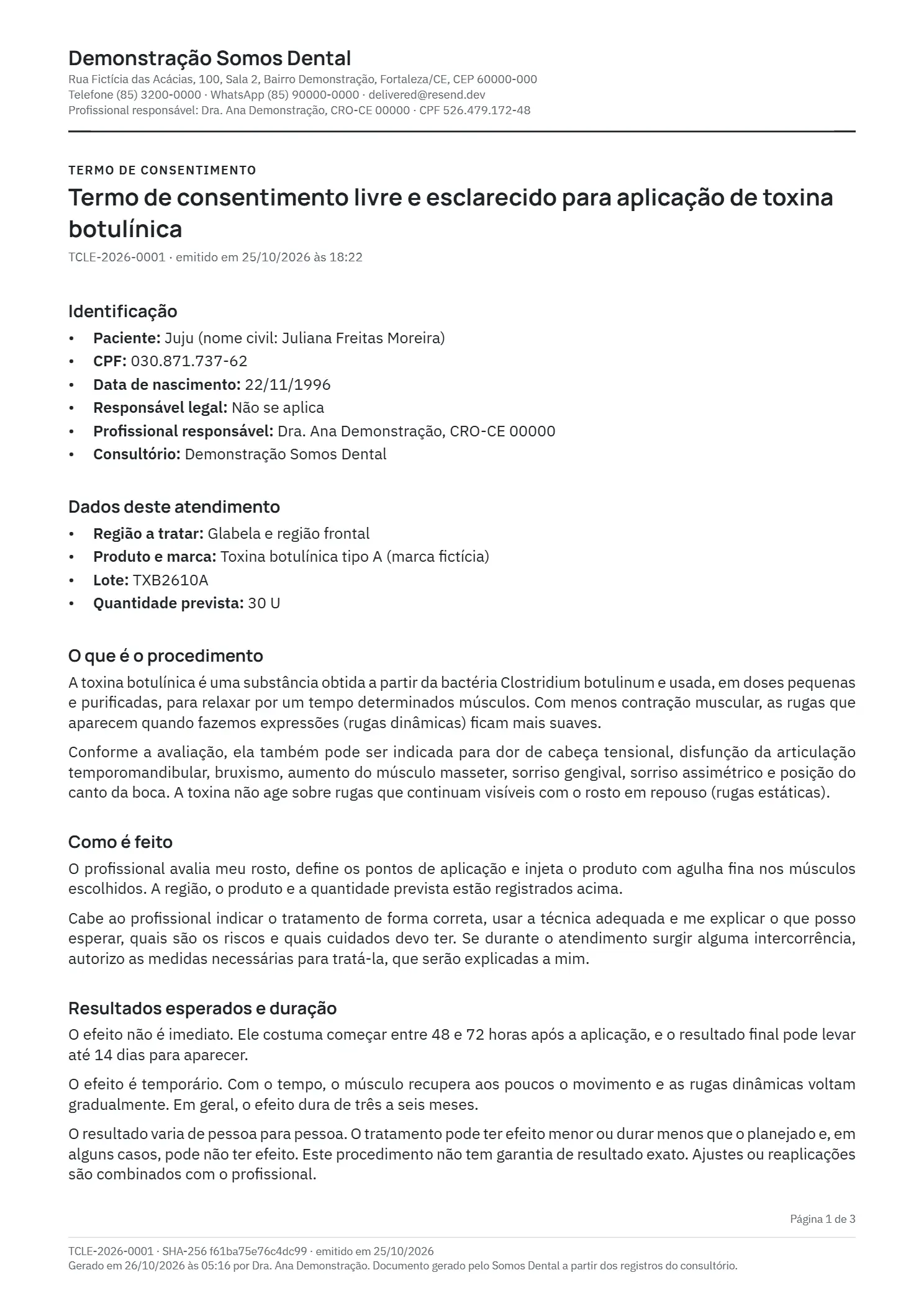 Primeira página de um termo de consentimento para aplicação de toxina botulínica, com o papel timbrado do consultório, os dados da paciente, a região tratada, o produto, o lote e a quantidade prevista. Dados fictícios.